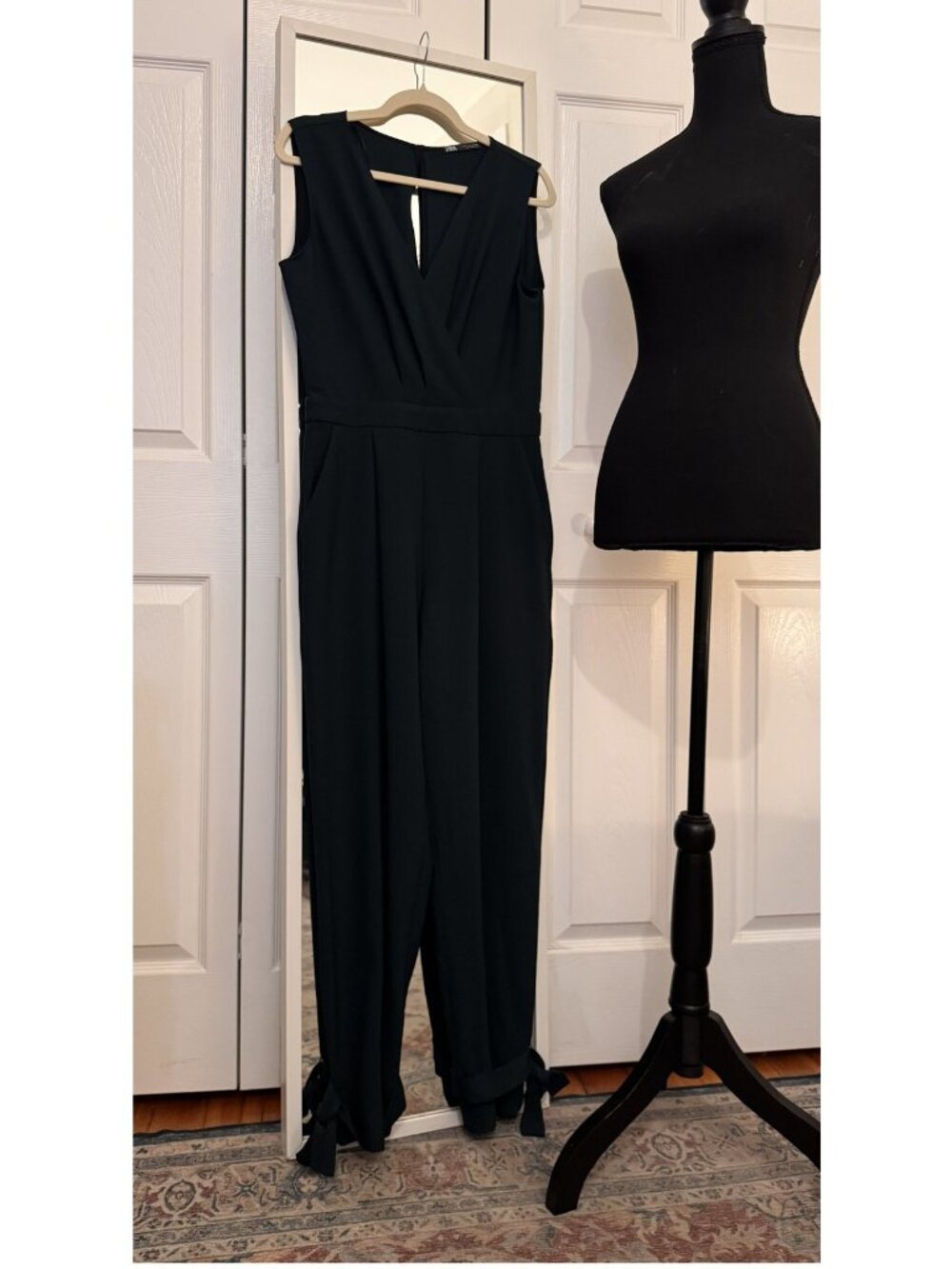 Hunter Green Sleeveless Jumpsuit | Deep V-Neck | Ankle Tie (Zara I Medium)